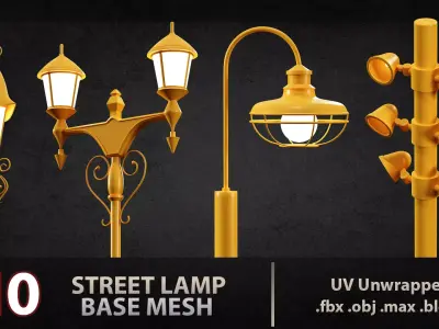 10 street lamps base mesh  Low Poly  Mid Poly Game Ready vol 02 Low-poly 3D model