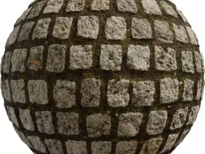 Granite Cobblestone Grid With Moss PBR Texture Texture