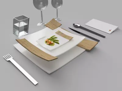 Dishes Set light fixture with three pieces of wood in air Low-poly 3D model