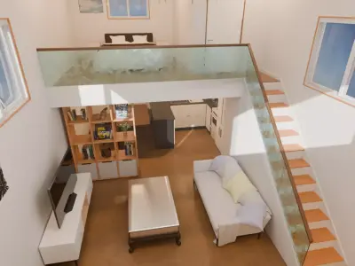 A room with a loft bed area 3D model