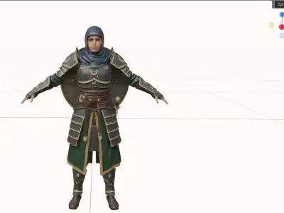 Legendary Armored Warrior Woman High-Poly 3D Character in T-Pose Low-poly 3D model