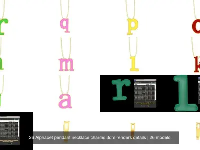 26 Alphabet pendant necklace charms 3dm renders details 3D Model Pack