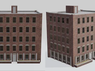 Red brick apartment building Low-poly 3D model