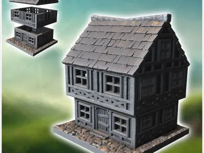 Two-story medieval house with a steep roof multiple windows and  3D print model