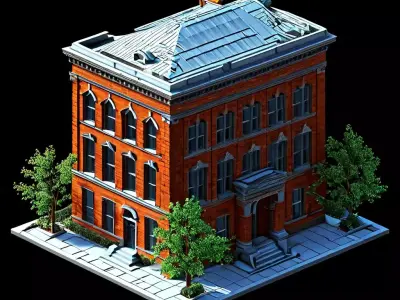LowPoly Brick Building with Sidewalk Low-poly 3D model