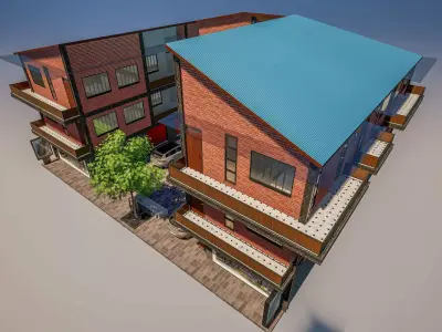 Modern Industrial Mixed Use Building  Shops  Apartments 3D Model Low-poly 3D model