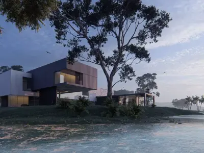 Modern beach house with 3d grass Revit free basic furniture 3D model