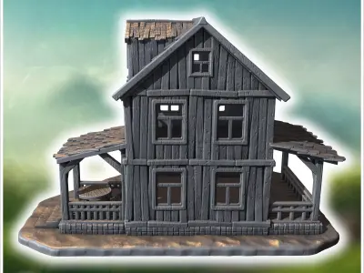 Two-story wooden house with a covered porch damaged roof and woo 3D print model