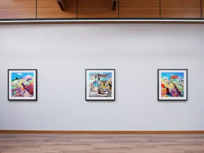 Gallery empty room with wooden floors and staircase 3D model