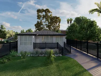 3d exterior render house with deck and fence 3D model