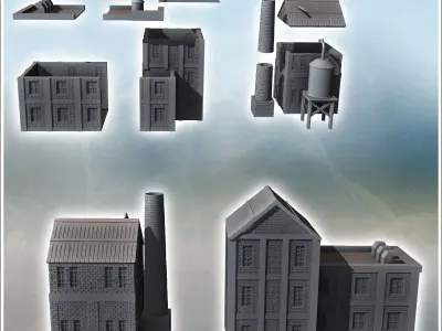 Set of two brick industrial buildings with adjacent tanks and ev 3D print model