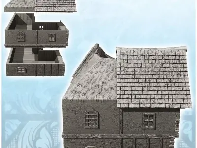Medieval house with balcony and mixed thatch and slate roof 23 - 3D print model