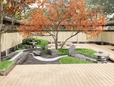 Japanese Zen - style Courtyard Landscape Design 3D model