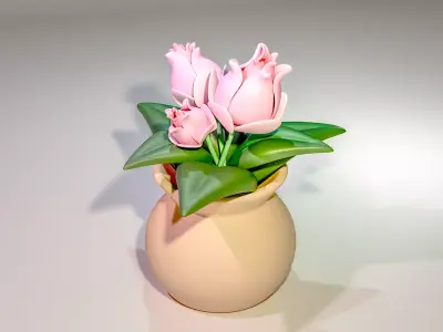 Flowers and leaves with a clay pot with three points lighting Low-poly 3D model