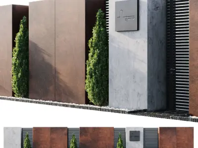 Fence wooden with two doors and tree 3D model