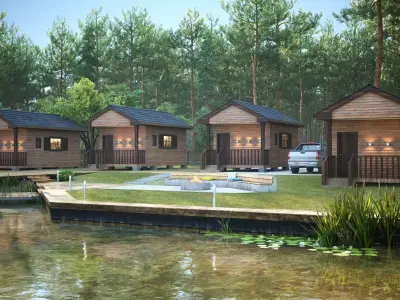 River cabins in forest environment 3d model Low-poly 3D model