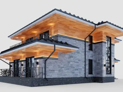 Two-story house in the Wright style 3D model