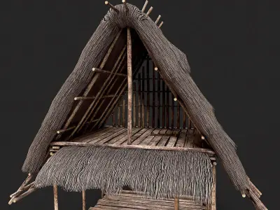 Primitive Wooden Shelter with Thatch Roof 1  Low-poly 3D model