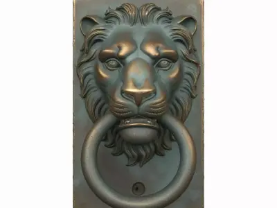 3D brass lion head door knocker verdigris patina and mounting 3D model