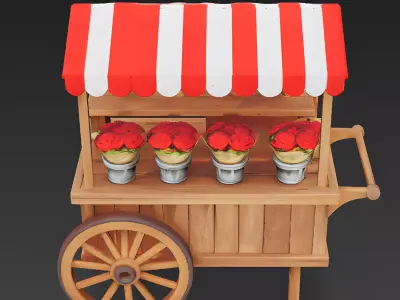 Romantic Wooden Flower Stall Cart 3D Model Low-poly 3D model