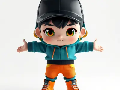 Chibi Character with Cap in Streetwear Rigged and Animated Low-poly 3D model