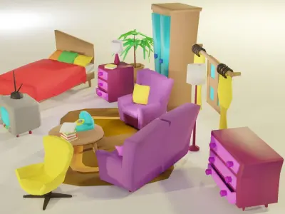 Cartoon Bedroom Funiture Low-poly 3D model