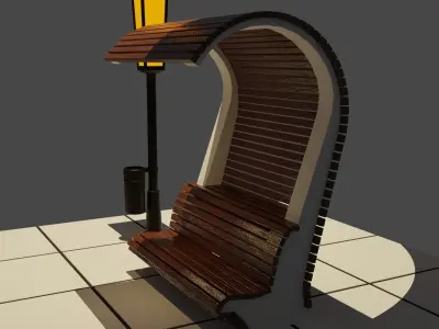Bench with a street lamp Low-poly 3D model