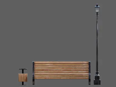 Urban Bench Set - 3 Variations - Trash Bin and Street Lamp Low-poly 3D model
