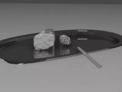 Cocaine Rock with Metal Tray Plate and Snorting Metallic Straw Low-poly 3D model