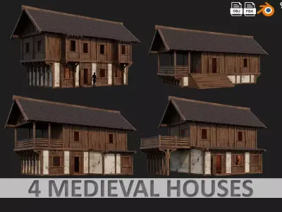4 Old Medieval Houses Building Pack 4K Tex GameReady 97 to 100 Low-poly 3D model