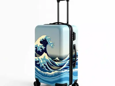 Japanese Wave Art Travel Suitcase 3D Model Low-poly 3D model