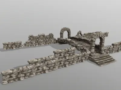 ruin set statue of stone bridge Low-poly 3D model