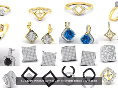 69 Square Pendant Earrings 3dm stl renders details  3D Model Pack