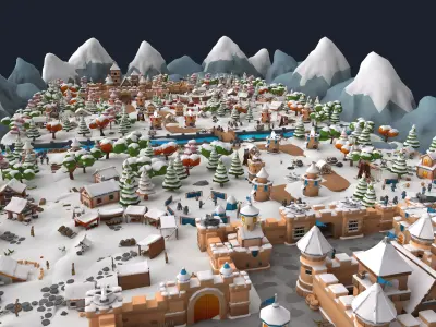 Stylized Cartoon Snow Fantasy Kingdom 3D Scene Model Low-poly 3D model