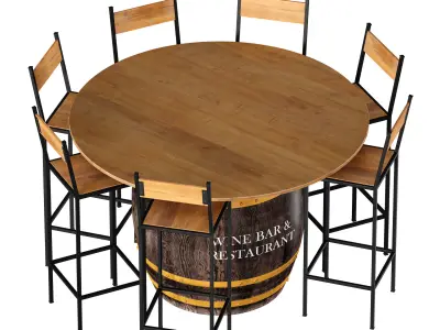 Barrel table with bar stools for bar restaurant cafe 3D model