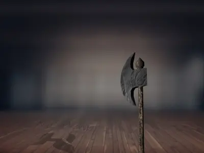 Realistic Axe in middle of wooden floor 3D model