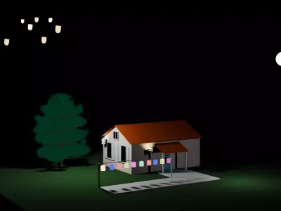  Night Village House 3D Model with Lanterns Tree Moonlight Low-poly 3D model