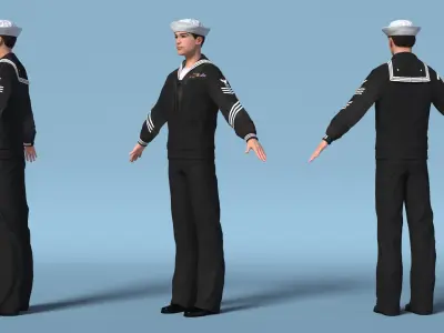  Asian Sailor US Navy in Black Uniform A-Pose 