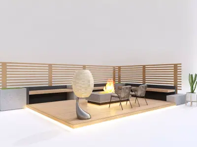 Modern Outdoor Deck with Fire Pit and Lounge Low-poly 3D model