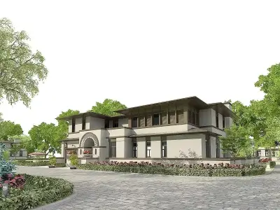 Contemporary House Exterior with Patio and Greenery 3D model