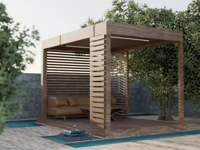 Outdoor Relaxation Gazebo with Sofa Table Fountain 3D model