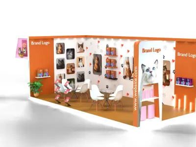 Whimsical cat food booth with heart wall graphics and racks 3D model