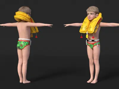  Child Character with Life Vest T-Pose 