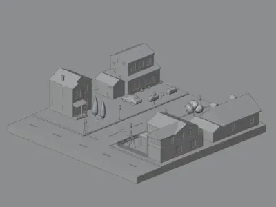 Neighborhood house and street at night Low-poly 3D model