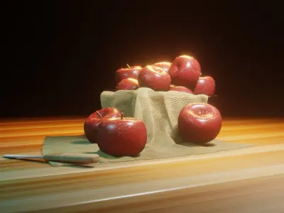Realistic Red Apple Set - Fruit Scene with Knife and Cloth Low-poly 3D model