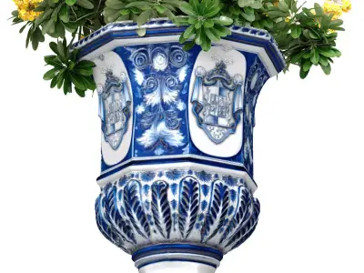 Bouquet yellow flowers Faience pot vase urn planters decoration 3D model