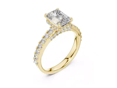 Emerald Cut Diamond Engagement Ring Pave Band Gold Ring CAD 3D print model