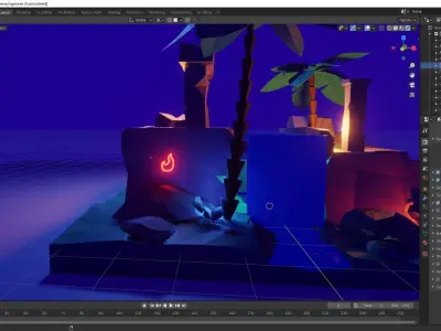 Ruins island with lights and palm trees Low-poly 3D model