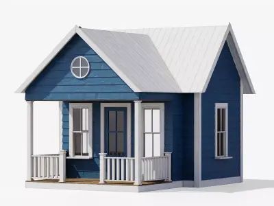A white and blue wooden tiny house with a small porch Low-poly 3D model
