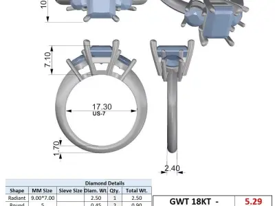 Radiant Cut Three Stone Diamond Ring Model 3D print model